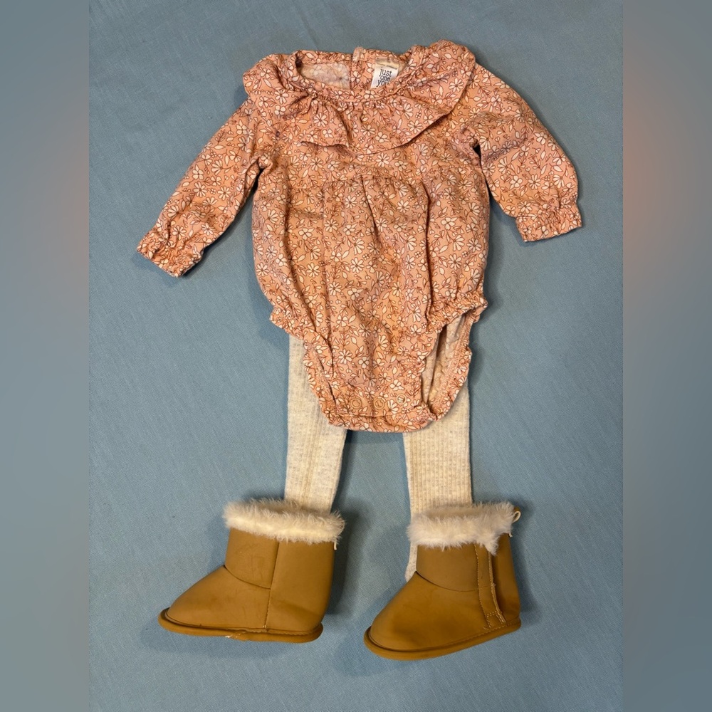 Carter's Peach Floral Bodysuit, Oatmeal Stockings, and Boots